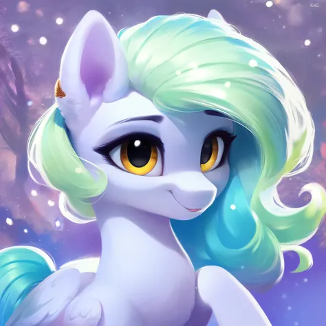 rating_safe, score_9，A photo of a pony family with a father, mother, and child.；My father is young,a pegasus pony, with folded wings, light blue skin, snow-white mane, medium long mane covering his eyes, smiling slightly, and clear and gentle light blue ey...