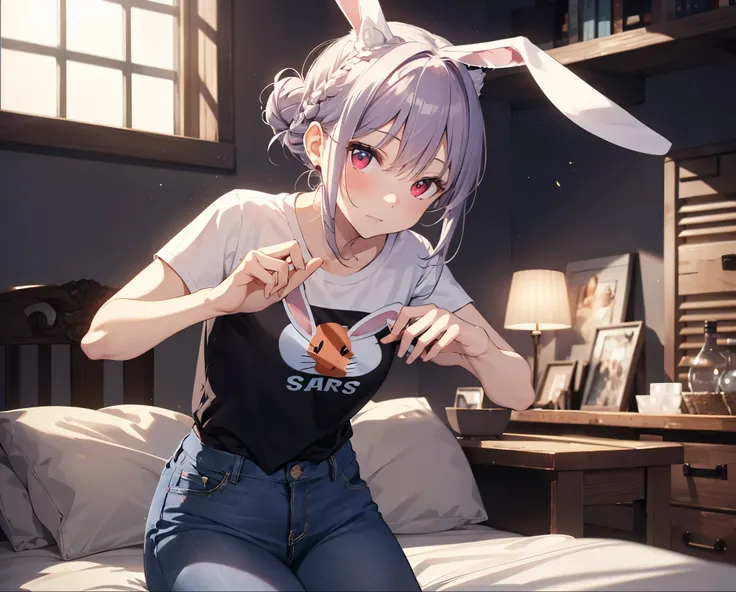 (Close-up:1.3),Realistic,Highest quality, Super detailed, High-quality CG rendering, The most delicate and beautiful, Floating softly, High resolution, (1 girl), (Highest quality,4K,8k,masterpiece:1.2), Light purple hair,(Rabbit ears:1.5),(Hair in a bun:1....