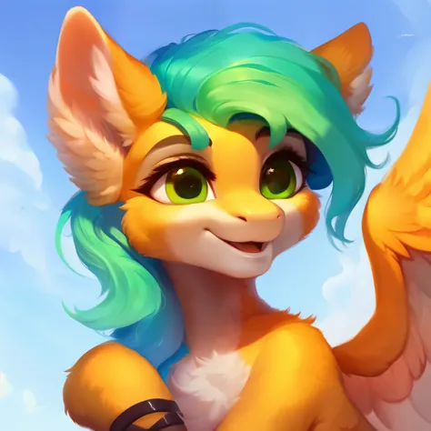 rating_safe, score_9, fluffy, a child ， a pegasus pony with spread wings. She had beige skin, a light green mane, a happy smile, and innocent and clear golden eyes. happily