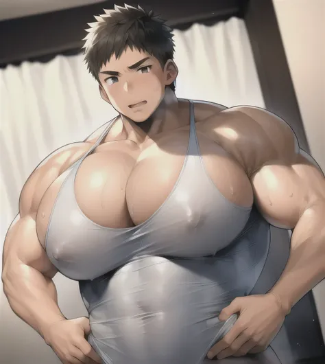 masterpiece, top quality, naked cute teen boy with huge muscles, very tall boy, small room, big boy has huge pectoral muscles, big boy presses his huge pectoral muscles against the glass, big boys huge and heavy body leans against the glass, very heavy wei...