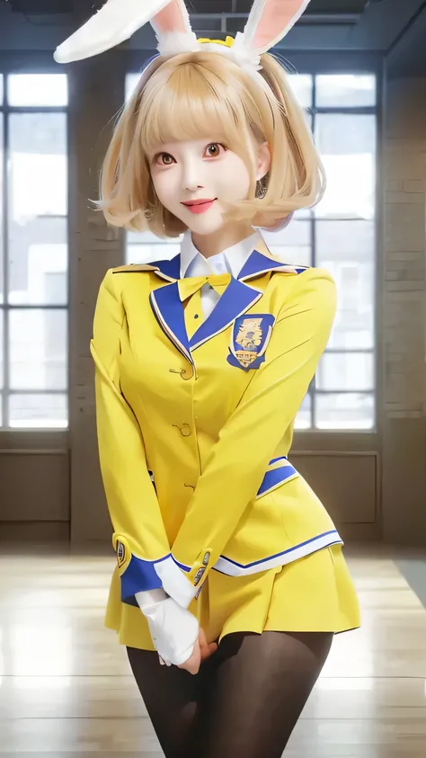 a woman in a yellow jacket and bunny ears is standing in a room, jk uniform.