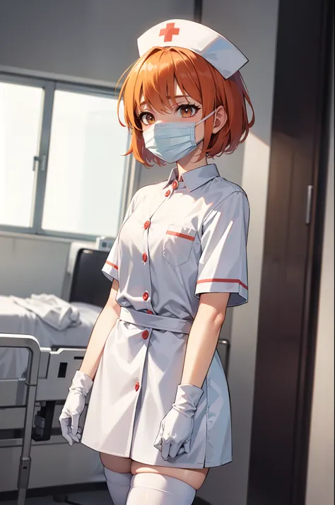 1girl, solo, nurse, nurse cap, white nurse uniform, ((white legwear, zettai ryouiki)), white gloves, very short hair, orange hair, ((white surgical mask, covered nose)), standing, ((hospital room)), sharp outline, short sleeves, tomboy, boyish, best qualit...