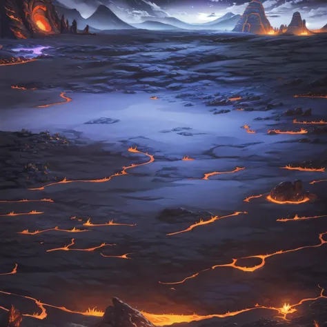 concept art, Horizontal Scene, horizon composition, There are no humans, sight, underground cave, rock, volcanic area, lava, night time