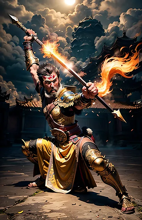 An anthropomorphic male monkey holding a golden ringed stick in his hand, Bostaff, Sun Wukong, Wukong, Fighting Buddha, Normal hand, A cloud of fire at his feet, Eye of Fire、Golden Eyes、Bright and courageous, very beautiful anthropomorphic monkey, Combat S...