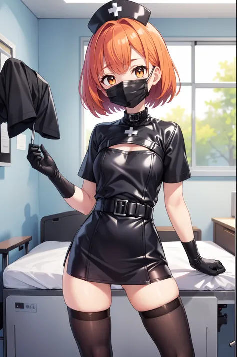 black nurse, 1girl, solo, black nurse cap, black nurse uniform, ((black legwear, zettai ryouiki)), black elbow gloves, very short hair, orange hair, ((black surgical mask, covered nose)), standing, ((surgery room)), sharp outline, short sleeves, tomboy, bo...