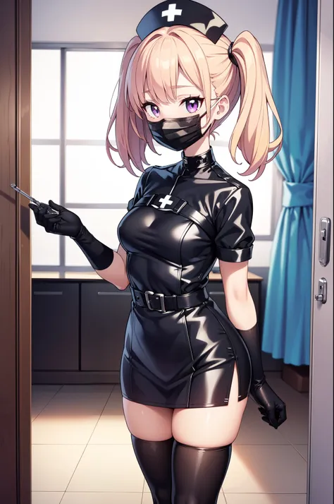 black nurse, 1girl, solo, black nurse cap, black nurse uniform, ((black legwear, zettai ryouiki)), black elbow gloves, twintails, yellow hair, purple eyes, ((black surgical mask, covered nose)), standing, ((surgery room)), sharp outline, short sleeves, bes...