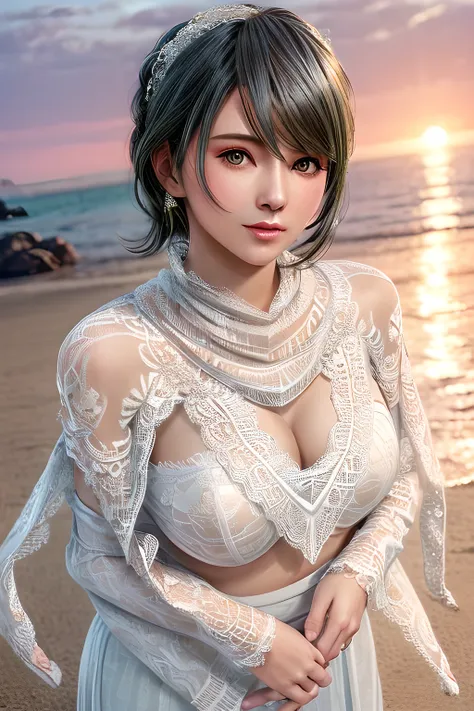 1girl , wearing a wedding dress with (a sweetheart neckline on the upper part:1.2),( a beautiful lace shawl:1.5), and long sleeves that add to her elegance,outdoors,At the seaside at sunset,huge breasts,Tamaki,