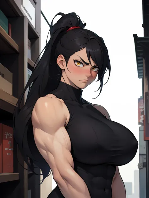 girl muscles huge breasts pale skin very long hair black hair yellow eyes sad blushing solo frown ponytail