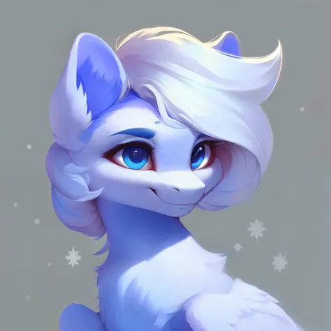 rating_safe, score_9, fluffy, feral pegasus pony,a male, has a very somewhat feminine face，very light  blue white  body, snow-white mane, mane half covering eyes, gentle and clear light blue eyes, gentle smile