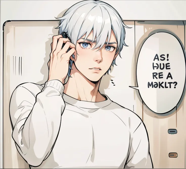 cute 16 year old gray hair man talks worried on cell phone