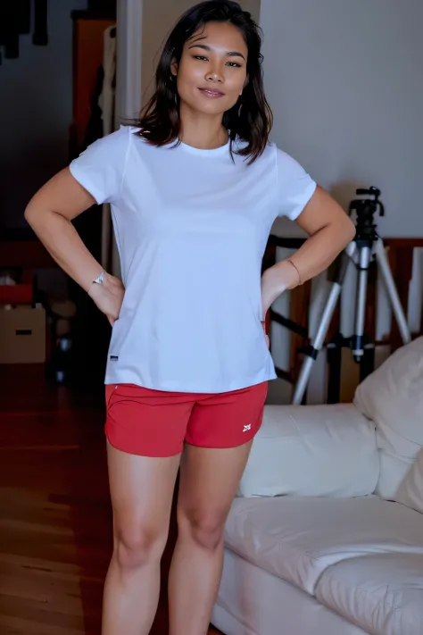 there is a woman standing in a living room with a camera, wearing red shorts, in shorts, wearing shorts and t shirt, wearing fitness gear, tan skin a tee shirt and shorts, middle shot waist up, dressed in a white t shirt, short robust woman, fit pic, weari...