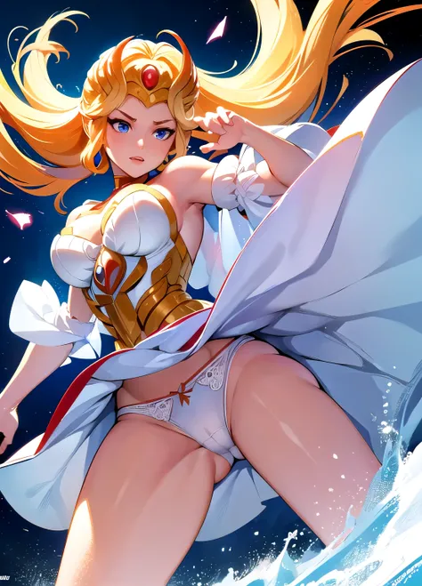 comics,(Highest quality:1.15), (masterpiece:1.17),
SheRaQuiron Character, One girl, blue eyes, rampage,shoot from below, wind from below,(white panties),up skirt, 