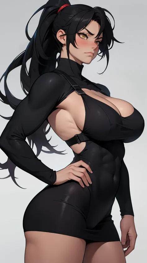 girl muscles huge breasts pale skin very long hair black hair yellow eyes sad blushing solo frown ponytail