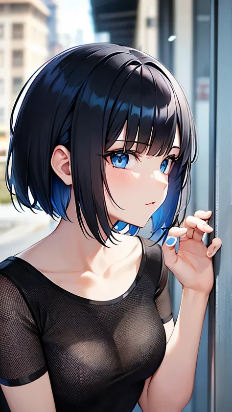 Black hair, short bob, blue mesh, blue eyes,