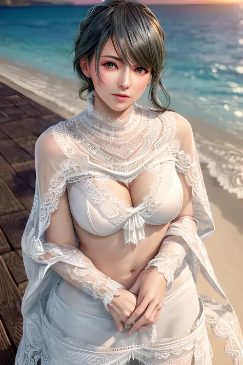 1girl , wearing a wedding dress with (a sweetheart neckline on the upper part:1.2),( a beautiful lace shawl:1.5), and long sleeves that add to her elegance,outdoors,At the seaside at sunset,huge breasts,Tamaki,