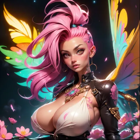 (masterpiece, top quality, best quality, official art, beautiful, cosmic, atmospheric, psychedelic, dreamlike and aesthetic:1.2), (1girl, pink punk rock mohawk hair, tons of tattoos and piercings, super huge enormously gigantic tits), extreme detailed,(fra...