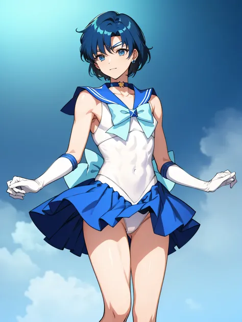 Sailor Warrior Uniform、sparkle、Sailor Mercury as a male hero、Anime Boys、Male middle school student、Mizuno Ami as a boy、Sex change、Sex change(Girl to boy)、Circlet、Blue sailor collar、solo、Sky blue bow tie、Blue Eyed Boy、A boy with very short blue hair、Blue Sk...