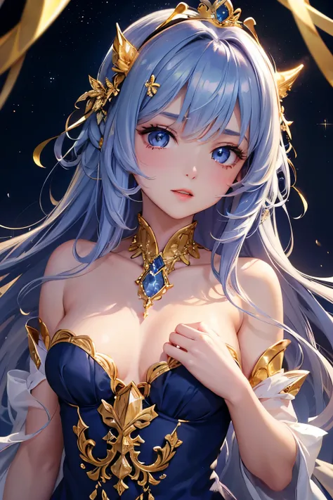 (Highest quality、Highest quality、Masterpiece、Very delicate、Very detailed、Exquisite、16K、Full HD)、1 female、(Silver dress、Tutu、gem、ribbon、Golden decoration)、Small breasts、Perfect body line、Glowing Skin、(Groomed eyebrows、Pink Lips、Dark blue eyeysterious Face)、...