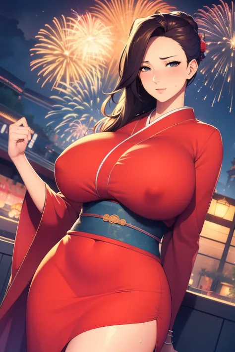 masterpiece, best quality, 1girl,  pretty girl，looking at viewer，embarrassed，huge tit, mature_lady, sweat,covered_nipples,,Japanese dress,in an amusement_park,gorgeous Fireworks in sky,