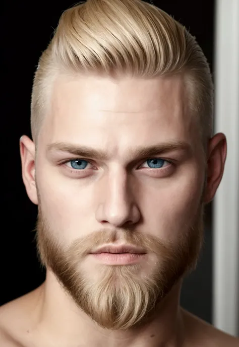 photographie d&#39;a face, Blonde man, yeux verts, full beard, straight hair, hair swept back, Hair shaved on the sides, harmonious face, visage sexy, Look sexy, torse nu  