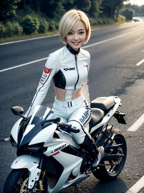 smile、One beautiful Asian woman、Blonde short bob hair、Small face、Model proportions、Riding a motorcycle on the road、Long sleeves and pants、White racing leather suit