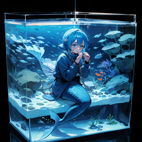 a mermaid, wearing sweater,trapped in the small fish tank,chains attached to the fish tank,crying face,museum show,blue belt,ful...