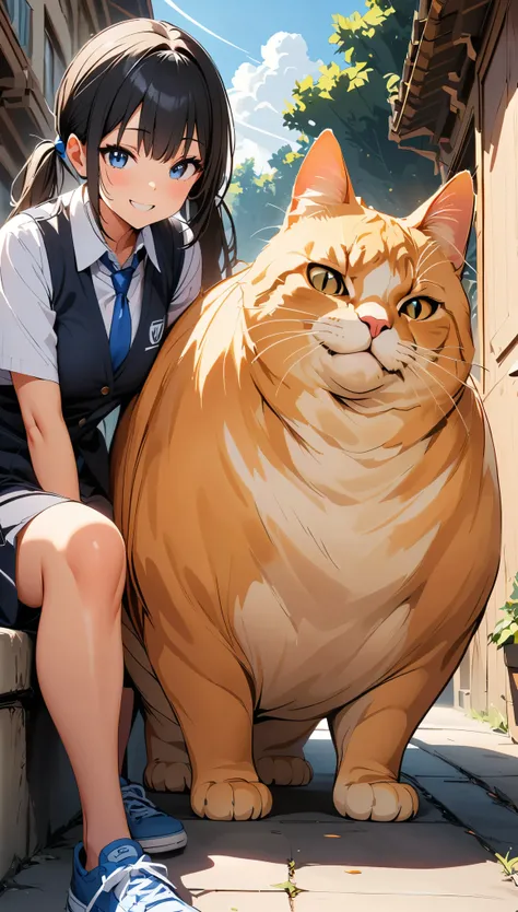 ((Giant cat and girl)), Black Hair, Twin tails, blue eyes, Collared shirt, Blue tie, , smile, Giant cat and girlが並ぶ, Focus on cats, Meeting a giant cat:1.2, (Highest quality:1.2, Very detailed, Attention to detail, digital coloring, High Contrast, masterpi...