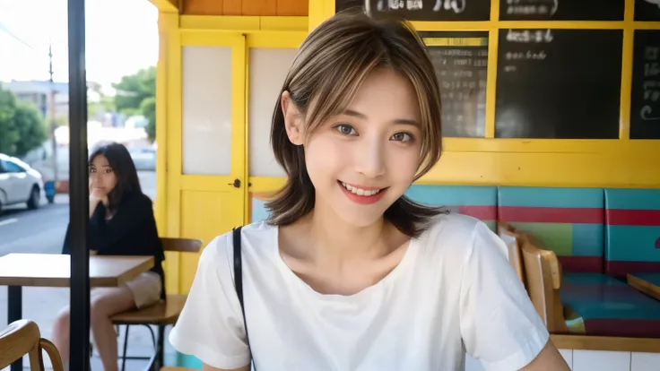 super high quality, smile, Slenderのネックレス, Slender, Gravure photoshoot, The staff is working at the counter in the back., (8k、RAW Photos、Highest quality、masterpiece:1.2), Stylish café, (Realistic、Photorealistic:1.37), Beautiful Face , Urban Cafe, Golden Rat...