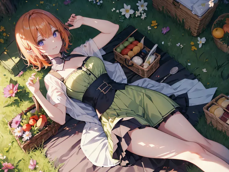 (Recall,food:1.3),(picnic:1.3),basket, Elf Ears, Park with a view, Highest quality, grassland park, blue sky, hiking, Best image quality,Perfect Anatomy,masterpiece,Ultra-detailed,beautiful,super high quality, Highest quality,High resolution, Very detailed...