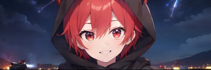 (Highest quality), (masterpiece), 1080P, High resolution, 4K, 8k, boy, Red hair, Red Eye, short hair, devil, black Parker, Upper Body, Lock, Night Sky, Starry Sky, shooting star, Get Ready, sniper rifle, smile, scarf, devil horns, hood up