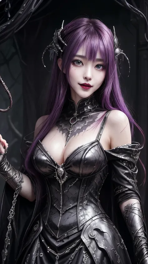 Esoteric arachnids lady, Spider Queen Elise, League of Legends, Esoteric arachnids, Combat Stance, ( body formed from metallic mauveine and metallic black liquid metallic paint twisting into a beautiful interpretation of the female figure), length, Sharp F...