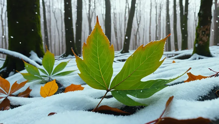 (light green leaves),(winter leaves), (half withered),(Deep woods),magical round leaves leaves falling, snow is falling thinly,nature documentry footage, youtube video screenshot, todays featured photography 4k, autumn rain turkel, nature photography 4k, n...
