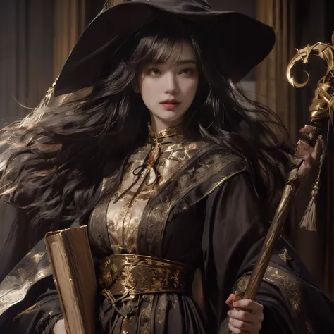 Hyper-realistic image of a young sorceress with long, flowing hair and a gentle expression, wearing an intricately designed dark robe and a wide-brimmed hat. She holds an ornate wooden staff in one hand and a large ancient book in the other. The background...