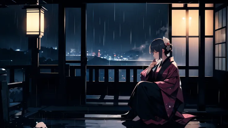 girl, smoking a cigarette, sitting at a porch, looking cold, dramatic scenery raining, lamb lighting the area, 8k, high res, masterpiece, beautifully made, kimono, japanese estate