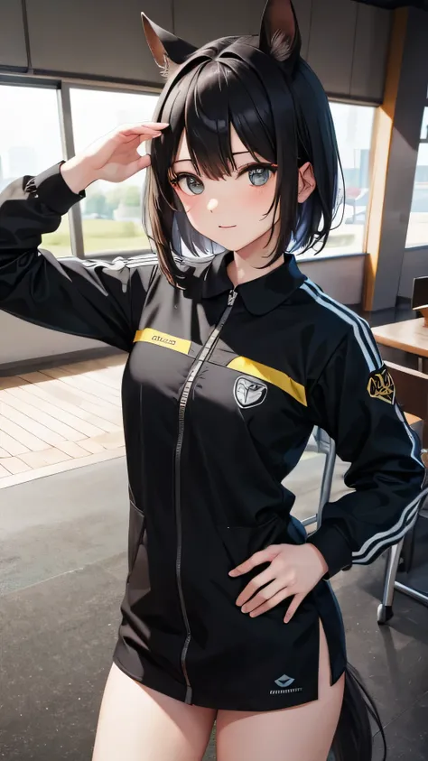 Full Body Focus,Deep Impact personified,Horse-eared beauty,Horse tail,Horse Girl,Based on black, yellow and blue、Clothing with a lightning motif,Highest quality,Sharp focus,Short hair with bangs