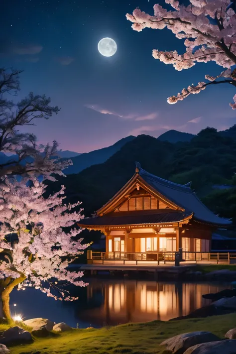 (Highest quality,4K,8k,High resolution,masterpiece:1.2)Fantasy、Sakura、Moonlit night landscape