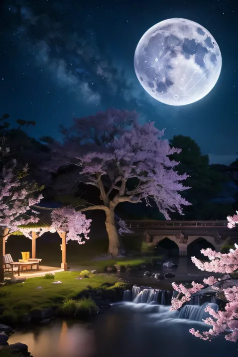 (Highest quality,4K,8k,High resolution,masterpiece:1.2)Fantasy、Unknown world、Sakura、Moonlit night landscape
