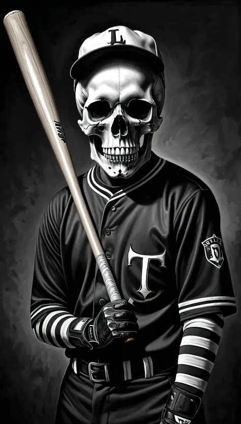 Imagine a hyper-realistic pencil drawing in black and white, capturing an eerie, macabre scene. At the center, a detailed skull is adorned in a classic baseball uniform, complete with a striped jersey and a fitted cap tilted slightly to one side. The skull...