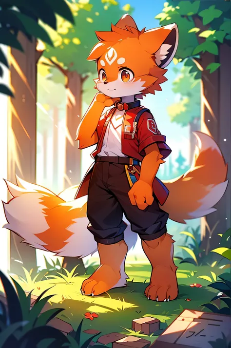 Red Panda Boy,8k resolution,Furry,          Uniform attire,Red collar,Two legs,Stand on your feet！                   towering,lanky,lanky,：slim body,：tall