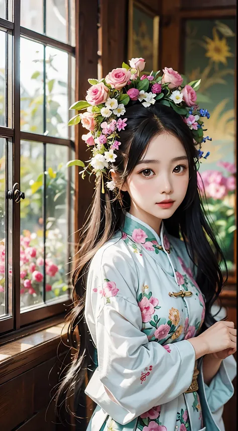 /I commercial photography of Chinese Qing Dynasty girl, in a rich floral fragrance, placed in an elegant wooden stand that is wrapped around a twisted tree trunk, surrounded by flowers. The background features a soft blue gradient color, and the scene incl...