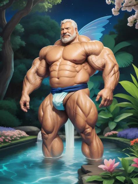 ((((((1man,solo,male)))))) ((FULL BODY POSE)) (((WEAR FUNDOSHI)))) ((GIGACHAD, MASSIVE MUSCULAR BODY)) ((( HUGE MUSCLE, OLD MAN, PECTORAL, HUGE ARMS, BIG THIGH, SEXY POSE))) (((WEAR FUNDOSHI))) | FLOATING IN THE WATER WITH STARS (SPARKLE) (FLOWER) BACKGROU...