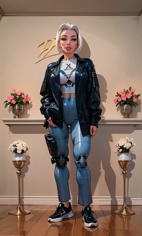 UHD 8k, HDR+, (side profile), ((cinematic lighting)), There is a woman in a robot suit posing next to an ancient building, Beautiful white girl half cyborg, (aletta ocean face), (slender metallic abs), Cute cyborg girl, Beautiful girl cyborg, Perfect Robot...