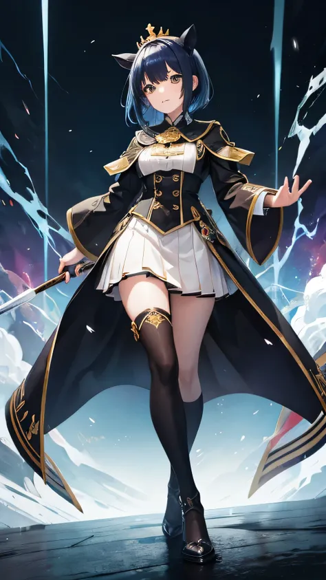 Full Body Focus,Deep Impact personified,The dignity of a king,Horse-eared beauty,Horse tail,Horse Girl,Based on black and yellow、Clothing with a lightning motif,Highest quality,Sharp focus,Blue Hair,Short Side Cut Hair