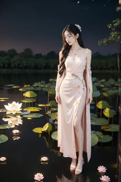 (((best quality))),(((ultra detailed))),(((masterpiece))),illustration,((1 beautiful young  girl,solo)),((slim,thin)),(shoulder length straight hair:1.2),((earrings,necklace)),((small breasts,flat chest)),(pink Hanfu dress:1.3),((slender legs,high heels)),...