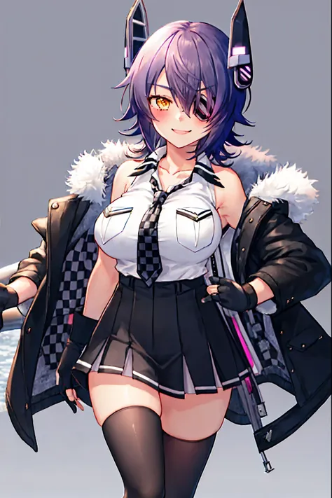 best quality, masterpiece, solo, {tenryuu_kantaicollection:1.15}, teen_girl, eyepatch, short_hair, purple_hair, yellow_eyes, headgear, breasts, necktie, large_breasts, smile, 1girl, blush, checkered_necktie, hair_over_one_eye, shirt, collared_shirt, white_...