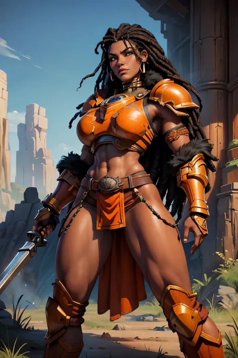 Portrait of African woman with (short black dreadlocks), black hair pulled back, wearing a (heavy orange mechanical armor, power armor covering her chest and arms), (orange breast plate) with large (round orange shoulder pads). (barbarian fur loincloth:1....