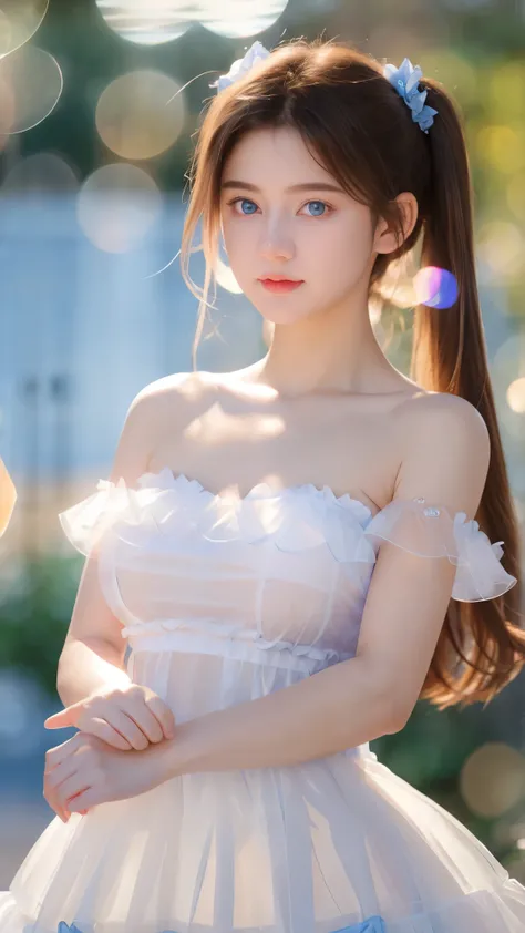 Georgeous, Beautiful, Cute, Baby Face, 18 Years Old, White Skin, Cleavage, ((Medium Breast:1.3)), Sleeveless, Off Shoulder, Strapless, ((Transparent:1.3)), ((White Long Lolita Dress)), (Embroidery), Posing With Big Fluffy Cat, ((Bright Blue Eye)), ((Muscle...