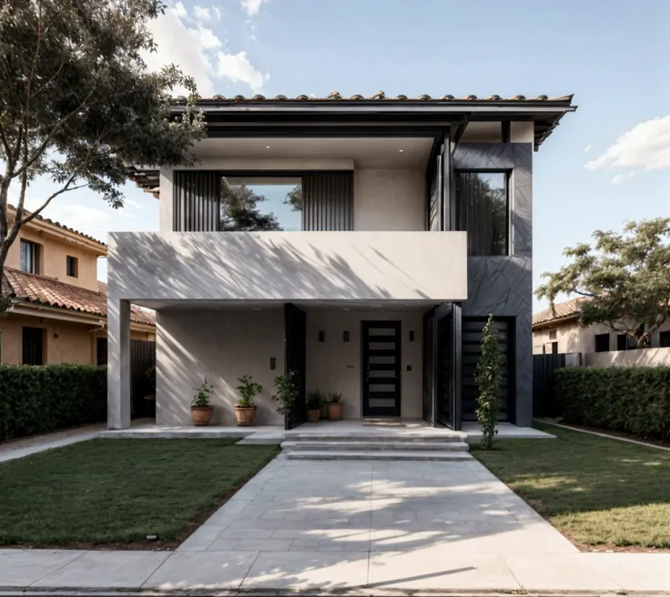 CRU photo,work of art, high qualiy, best qualityer, authentic, super detaill, plein-air, (((front-facing))), villa seen from the front, vista front-facing, single storey villaXL, aiai group, modern house style on the street, front house, visão front-facing...