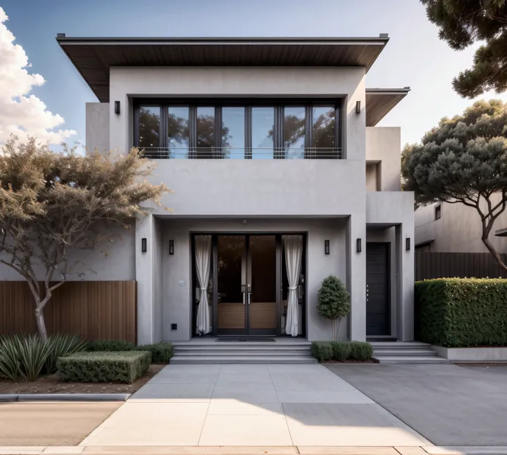 CRU photo,work of art, high qualiy, best qualityer, authentic, super detaill, plein-air, (((front-facing))), villa seen from the front, vista front-facing, single storey villaXL, aiai group, modern house style on the street, front house, visão front-facing...