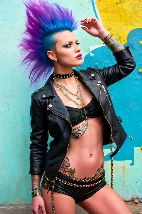 (work of art, best qualityer:1.2), 1 girl ,intrincately detailed, "punk girl", in dynamic pose, ((spike mohawk hair, punk hair, ...